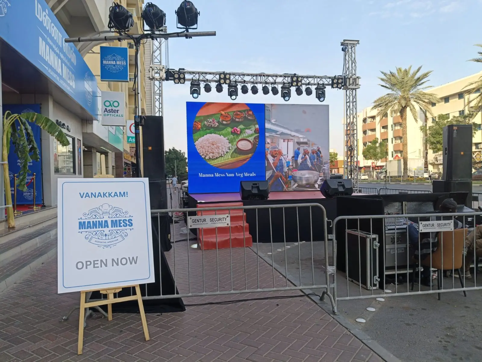 Manna Mess restaurant launch with a live outdoor stage, LED screen and guest seating